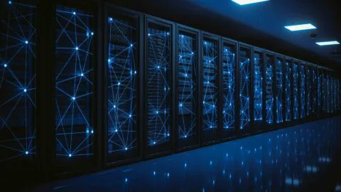 Blue-lit server racks with glowing network connection overlay