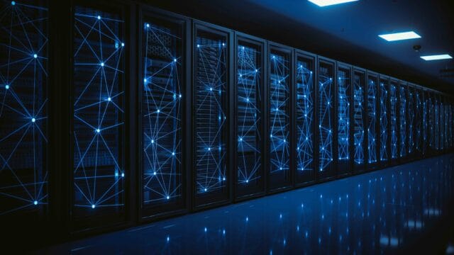Blue-lit server racks with glowing network connection overlay