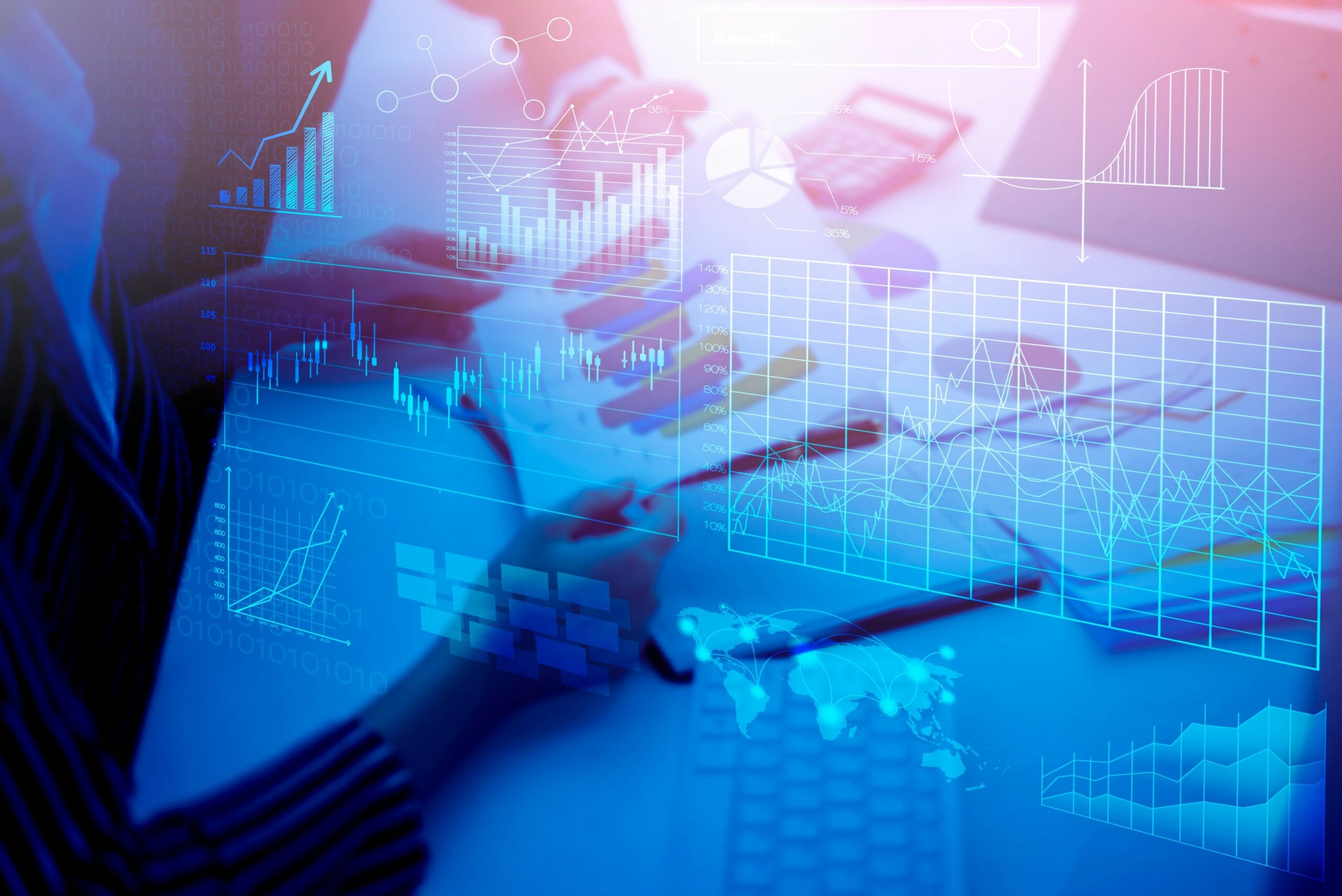 Business analytics dashboard with charts over laptop workspace