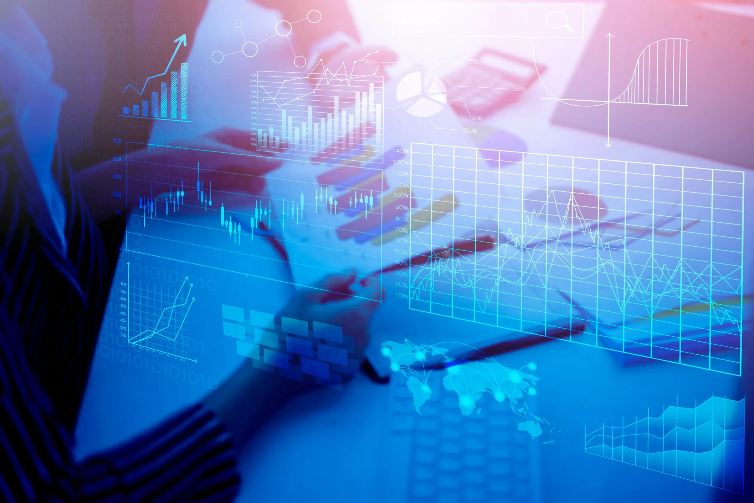 Business analytics dashboard with charts over laptop workspace