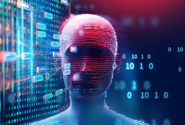 Glowing digital blockchain network with binary code and data nodes