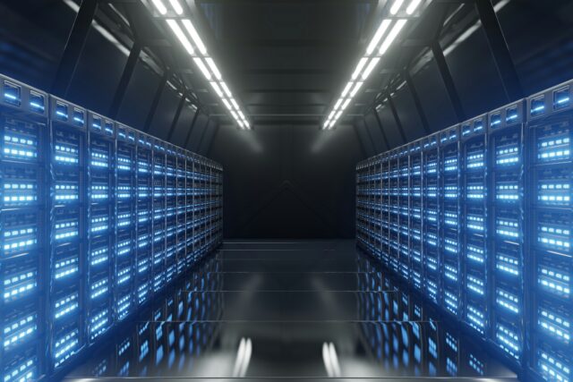 Modern data center with illuminated server racks