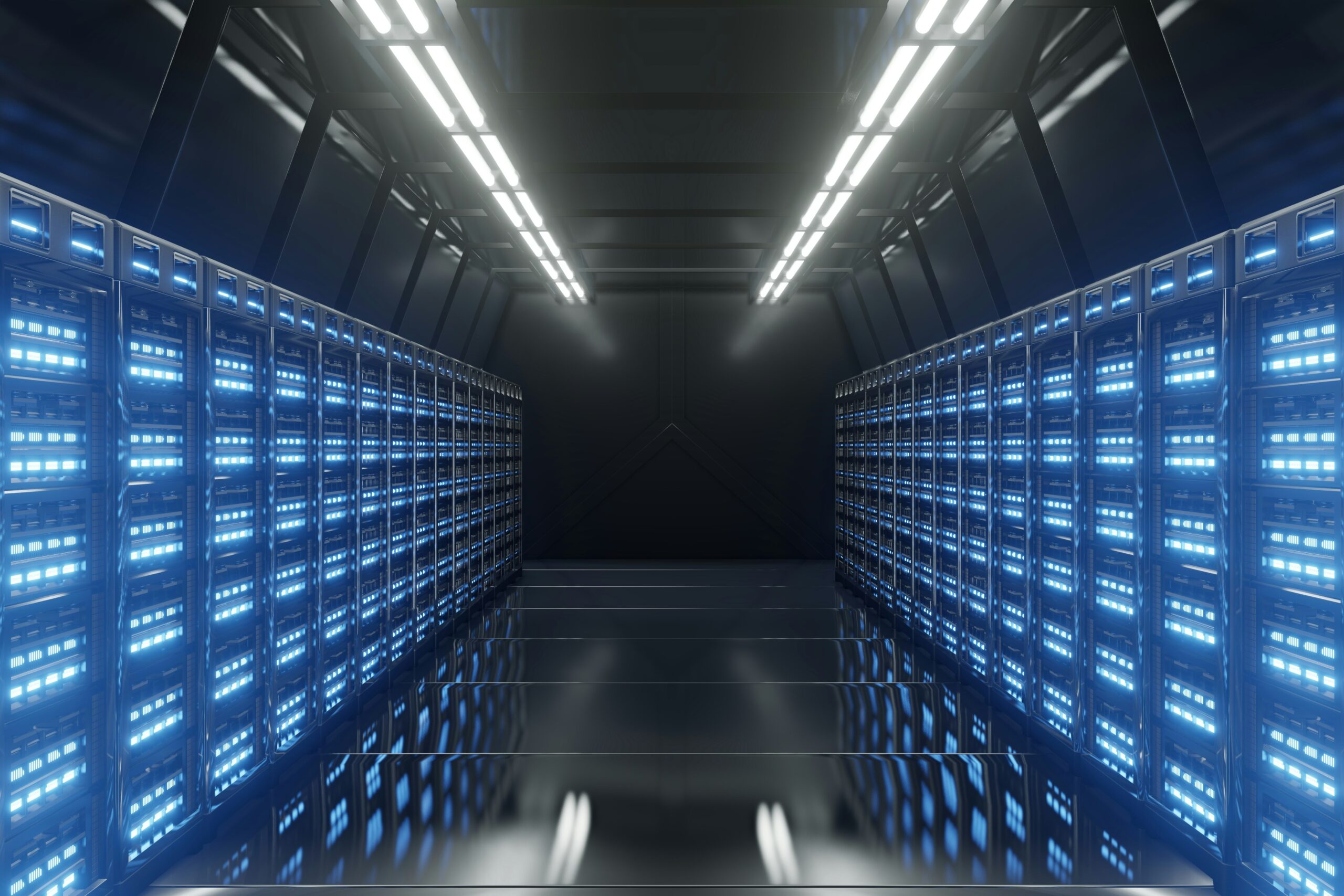 Modern data center with illuminated server racks