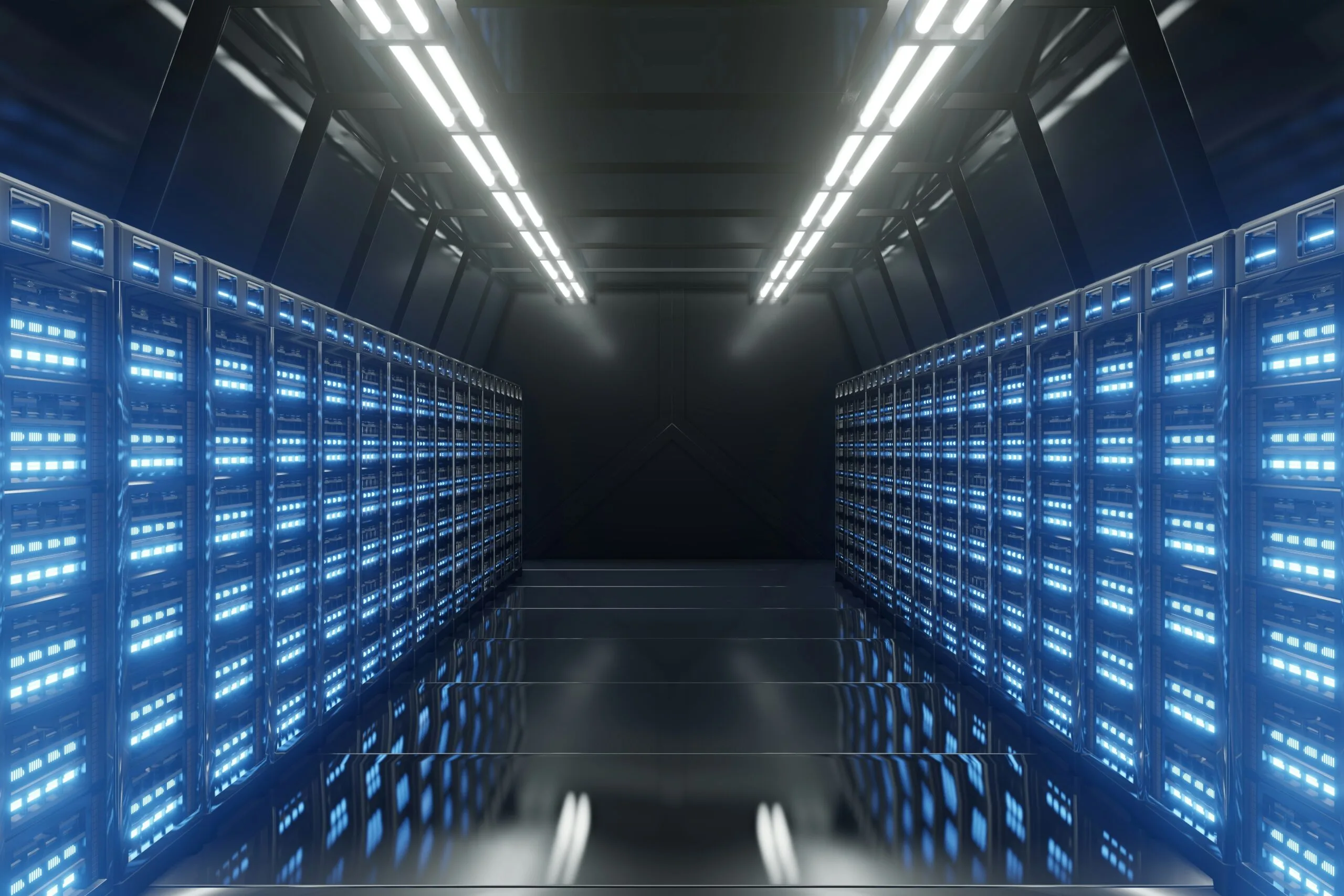 Modern data center with illuminated server racks