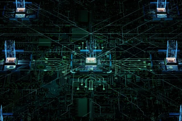Futuristic digital network with glowing microchips connections