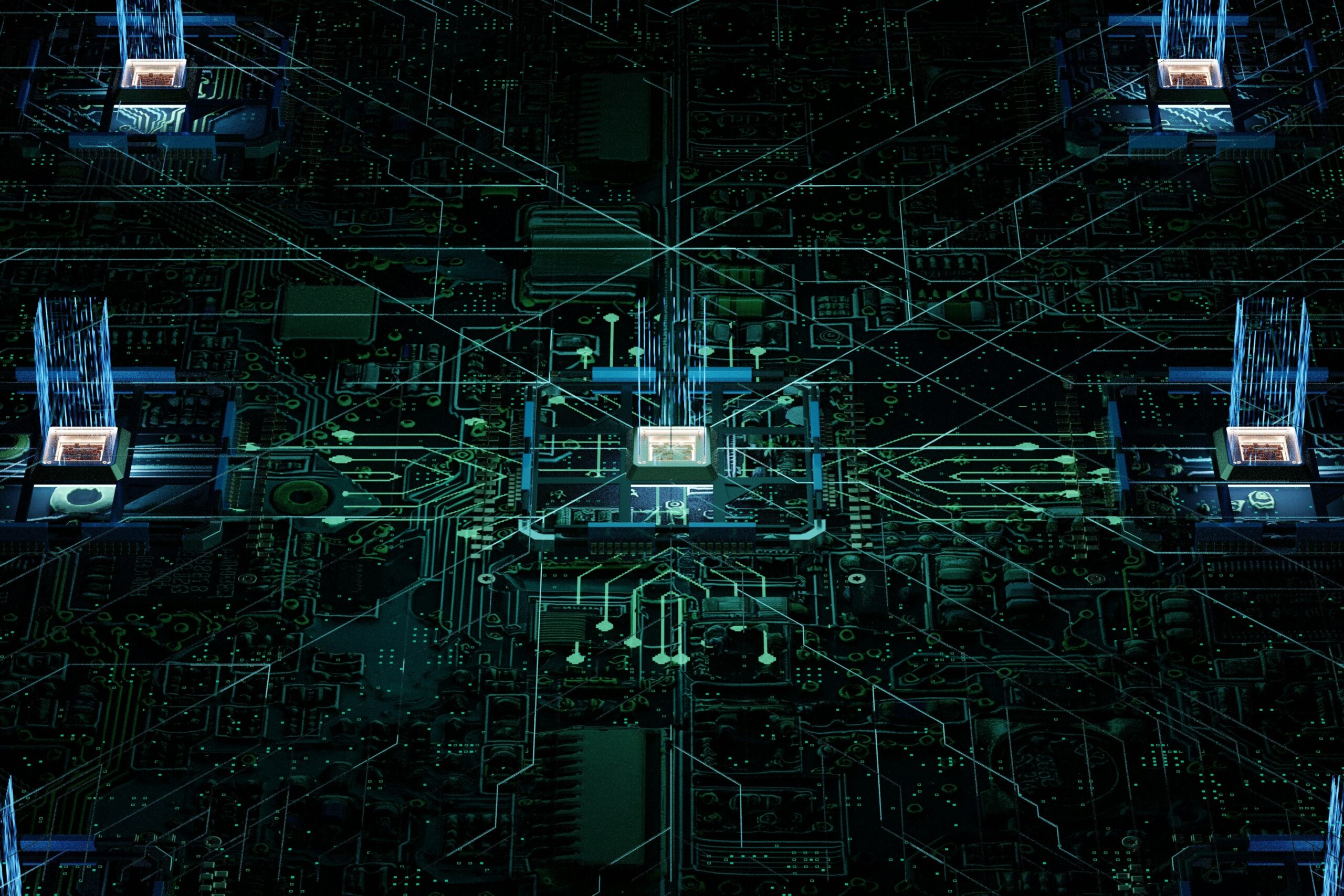 Futuristic digital network with glowing microchips connections