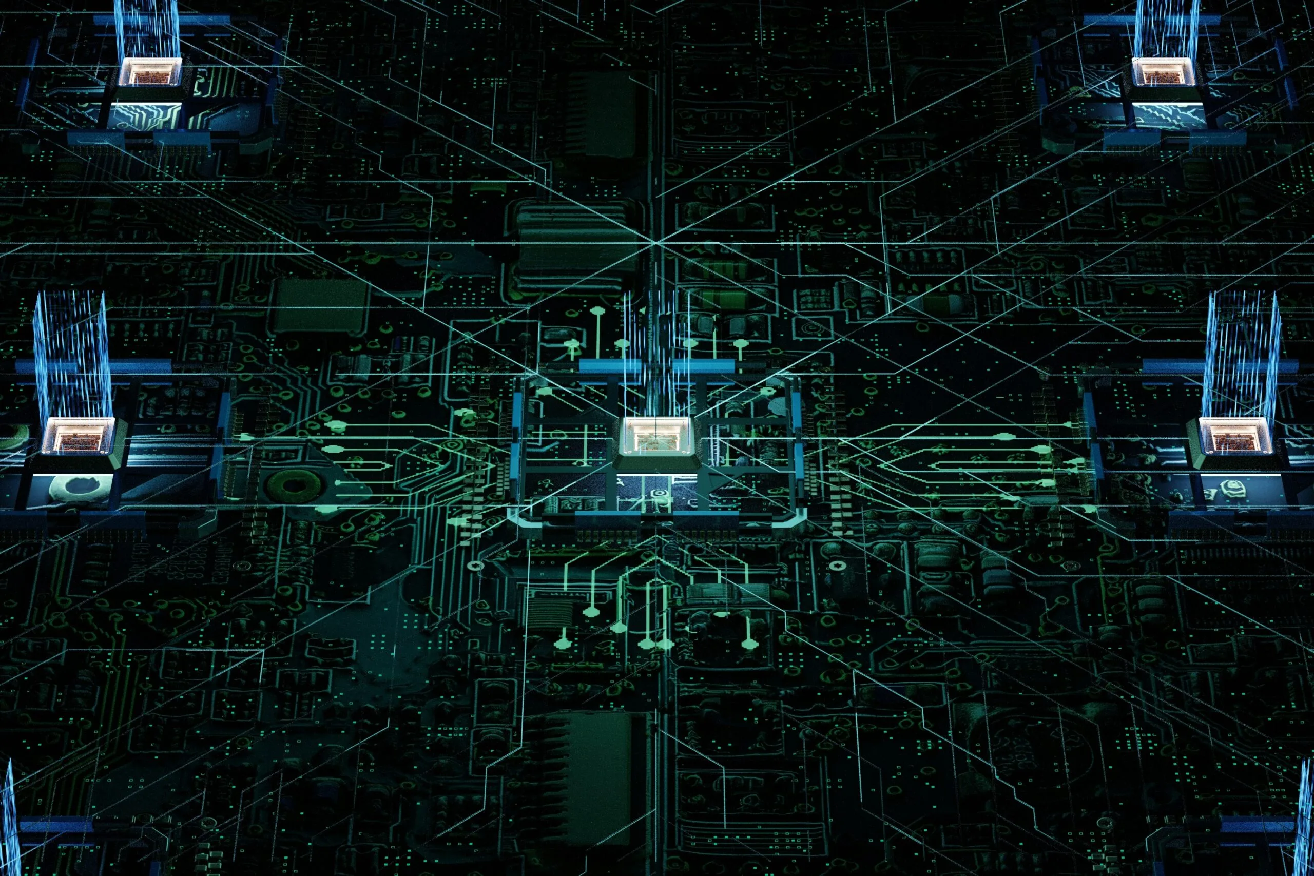 Futuristic digital network with glowing microchips connections